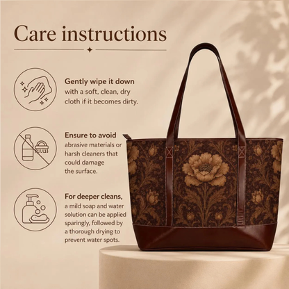 William Morris Floral Damask Rose Leather Trim Shoulder Tote Bag