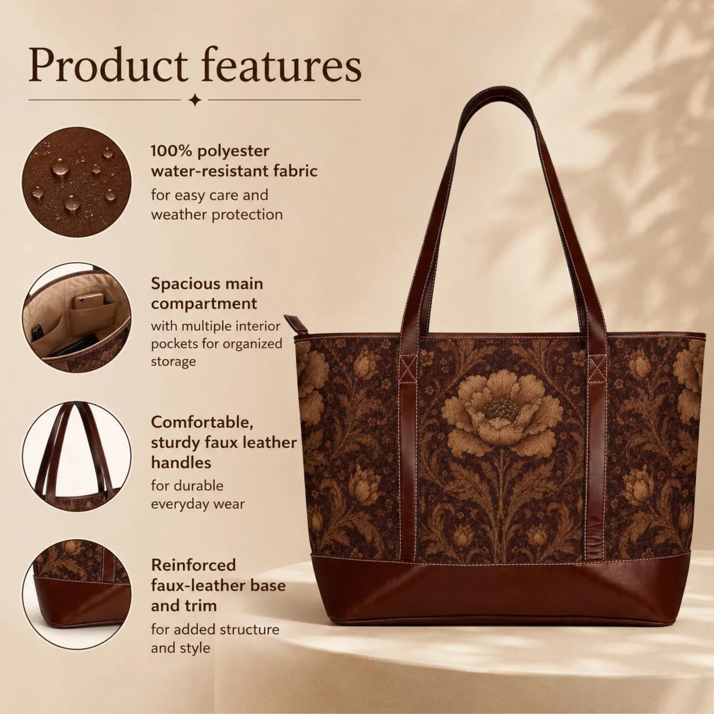 William Morris Floral Damask Rose Leather Trim Shoulder Tote Bag