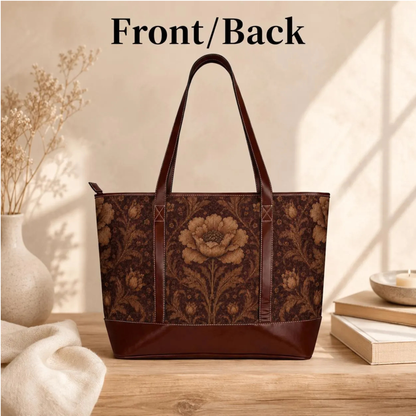 William Morris Floral Damask Rose Leather Trim Shoulder Tote Bag