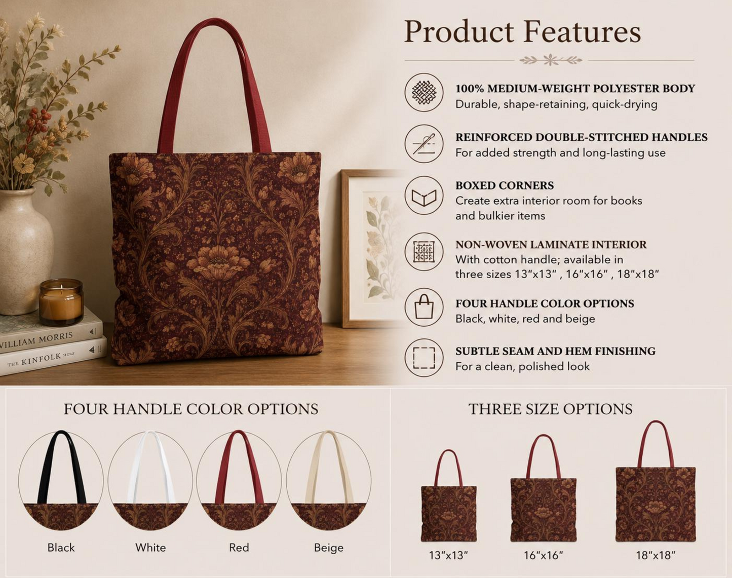 William Morris Floral Damask Maroon Full Art Tote Bag