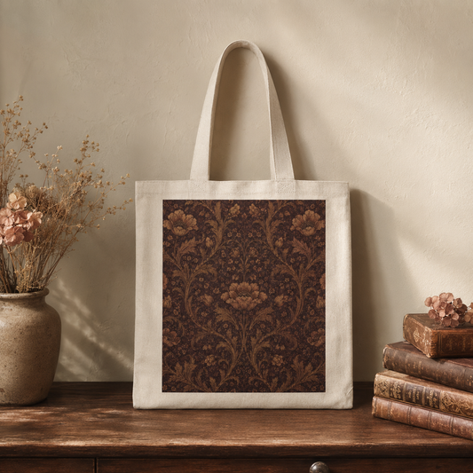 100% Cotton William Morris Floral Damask Maroon Rose Tote Bag
