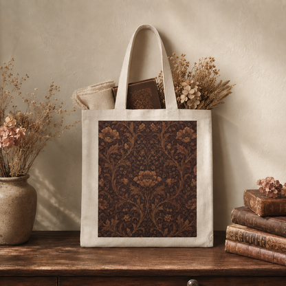 100% Cotton William Morris Floral Damask Maroon Rose Tote Bag
