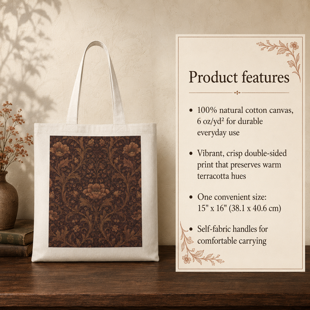 100% Cotton William Morris Floral Damask Maroon Rose Tote Bag