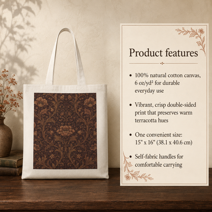 100% Cotton William Morris Floral Damask Maroon Rose Tote Bag