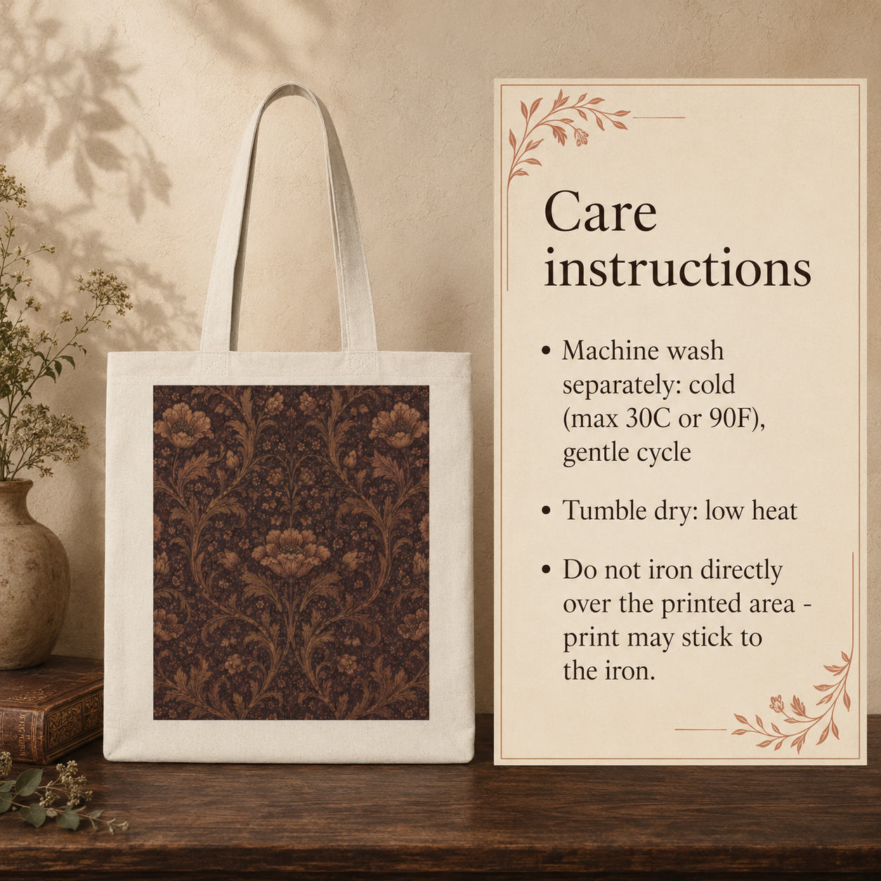 100% Cotton William Morris Floral Damask Maroon Rose Tote Bag