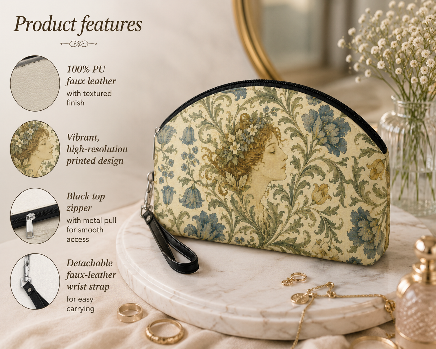 William Morris Vintage Portrait Makeup Cosmetic Bag