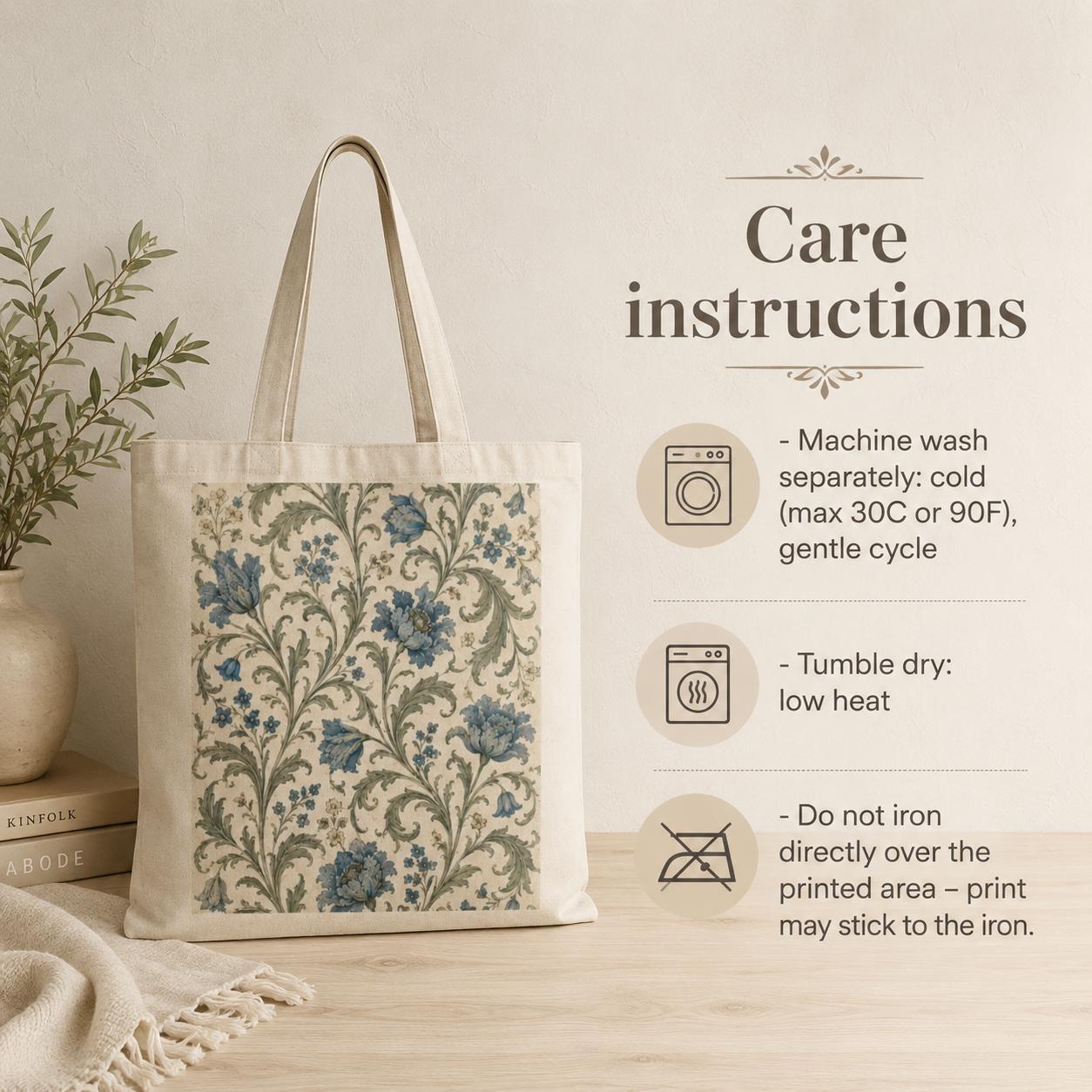 100% Cotton William Morris Vintage Floral Blue Pattern Tote Bag