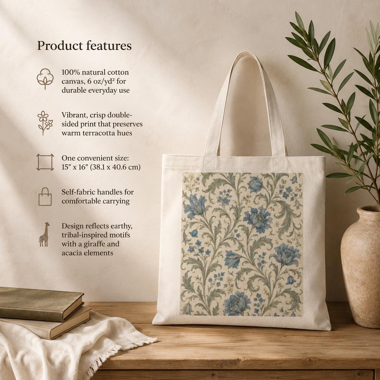 100% Cotton William Morris Vintage Floral Blue Pattern Tote Bag