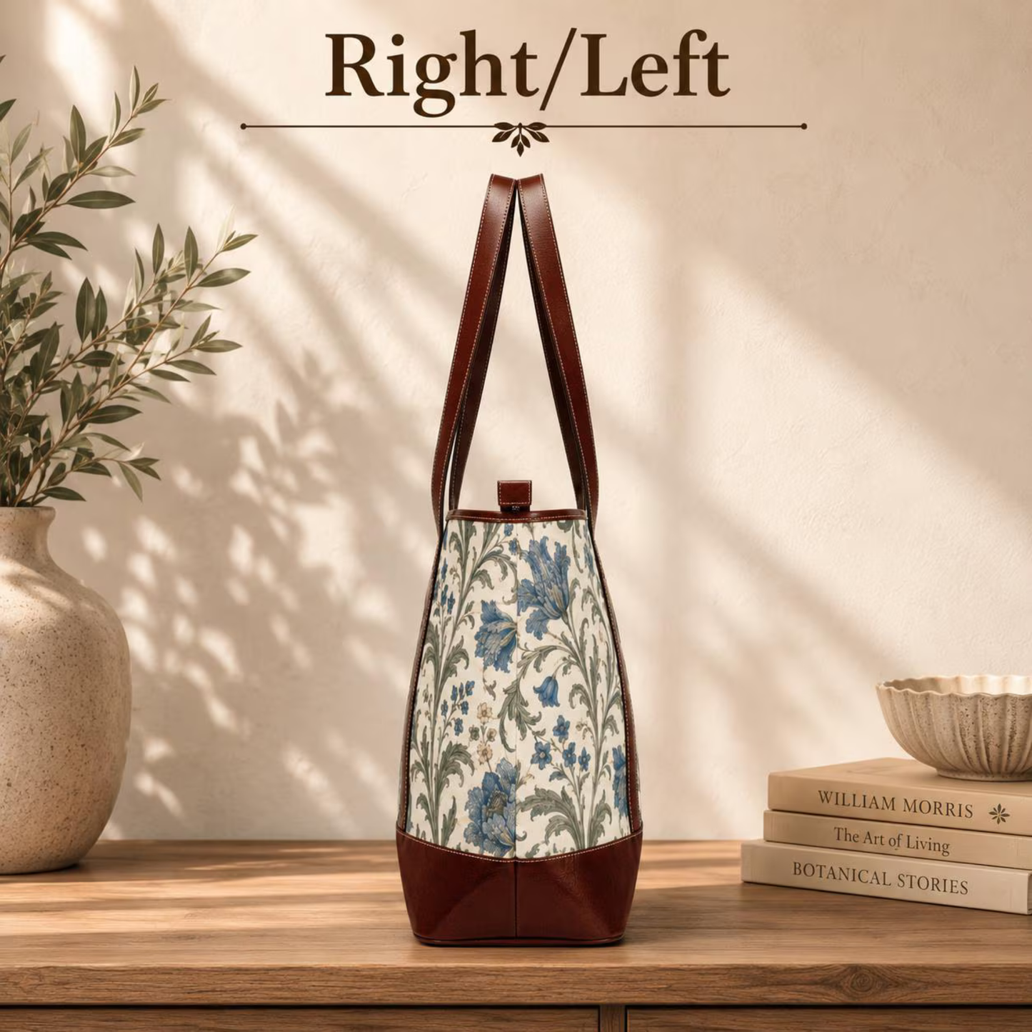 William Morris Floral Blue Damask Leather Trim Shoulder Tote Bag