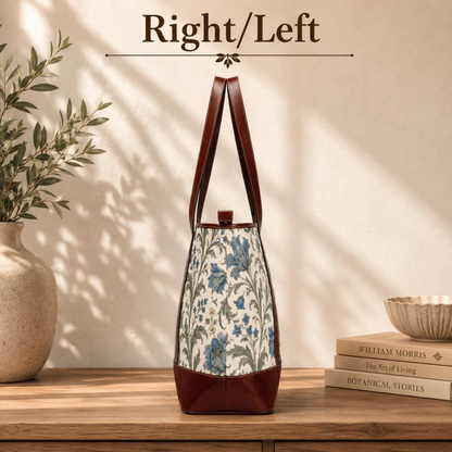William Morris Floral Blue Damask Leather Trim Shoulder Tote Bag