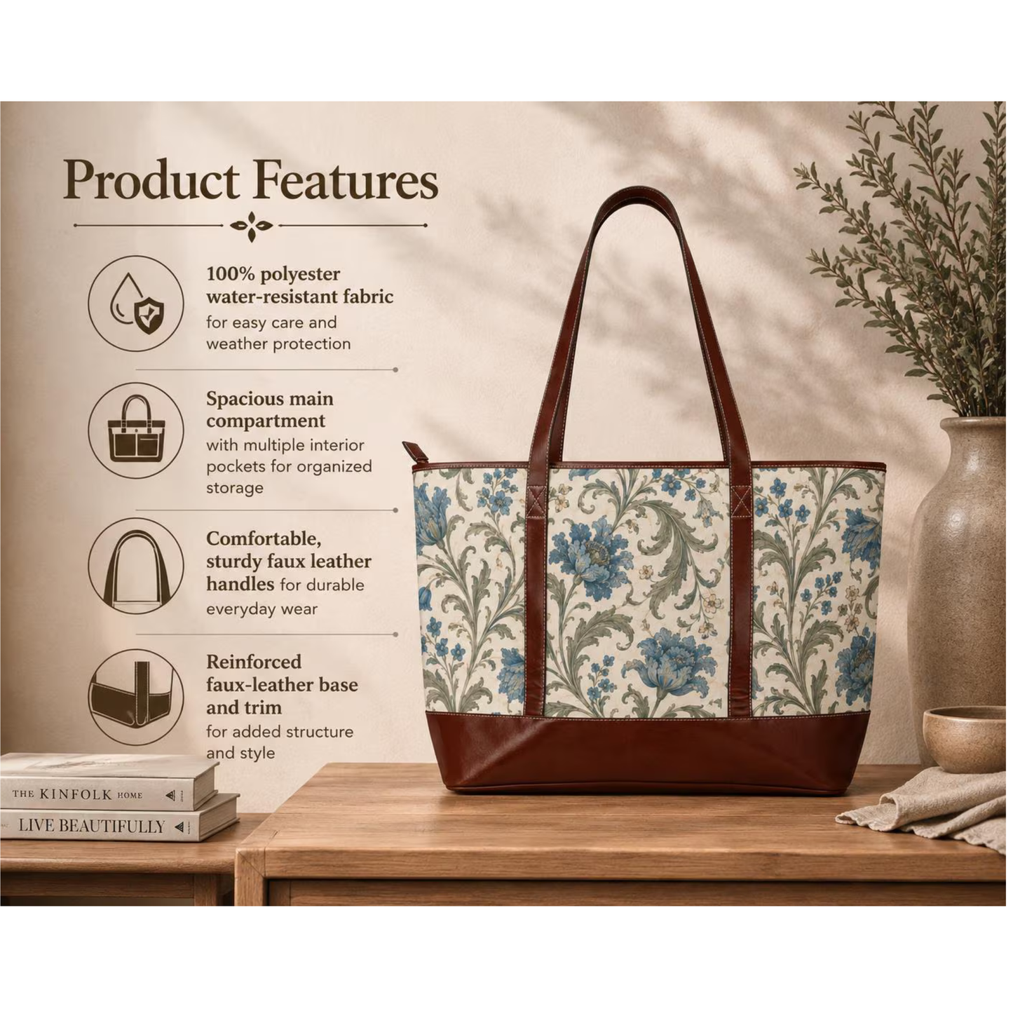 William Morris Floral Blue Damask Leather Trim Shoulder Tote Bag