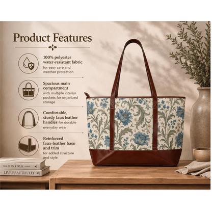 William Morris Floral Blue Damask Leather Trim Shoulder Tote Bag