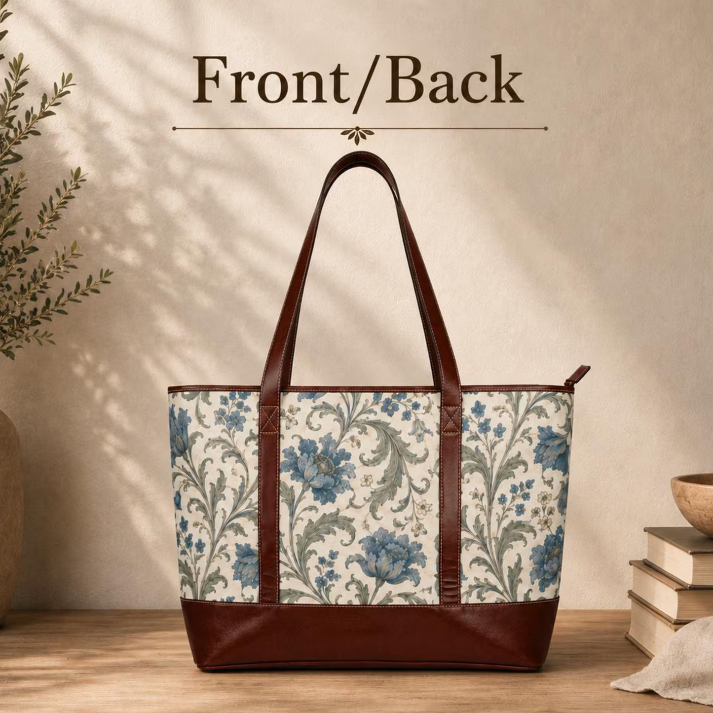 William Morris Floral Blue Damask Leather Trim Shoulder Tote Bag