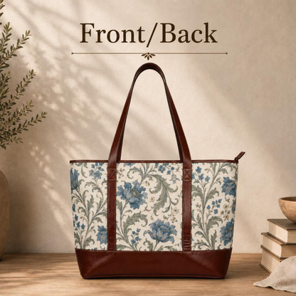 William Morris Floral Blue Damask Leather Trim Shoulder Tote Bag