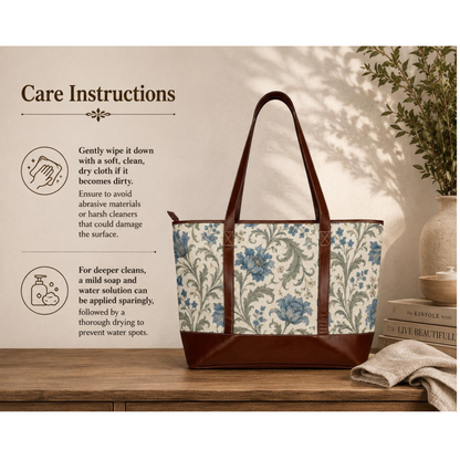 William Morris Floral Blue Damask Leather Trim Shoulder Tote Bag