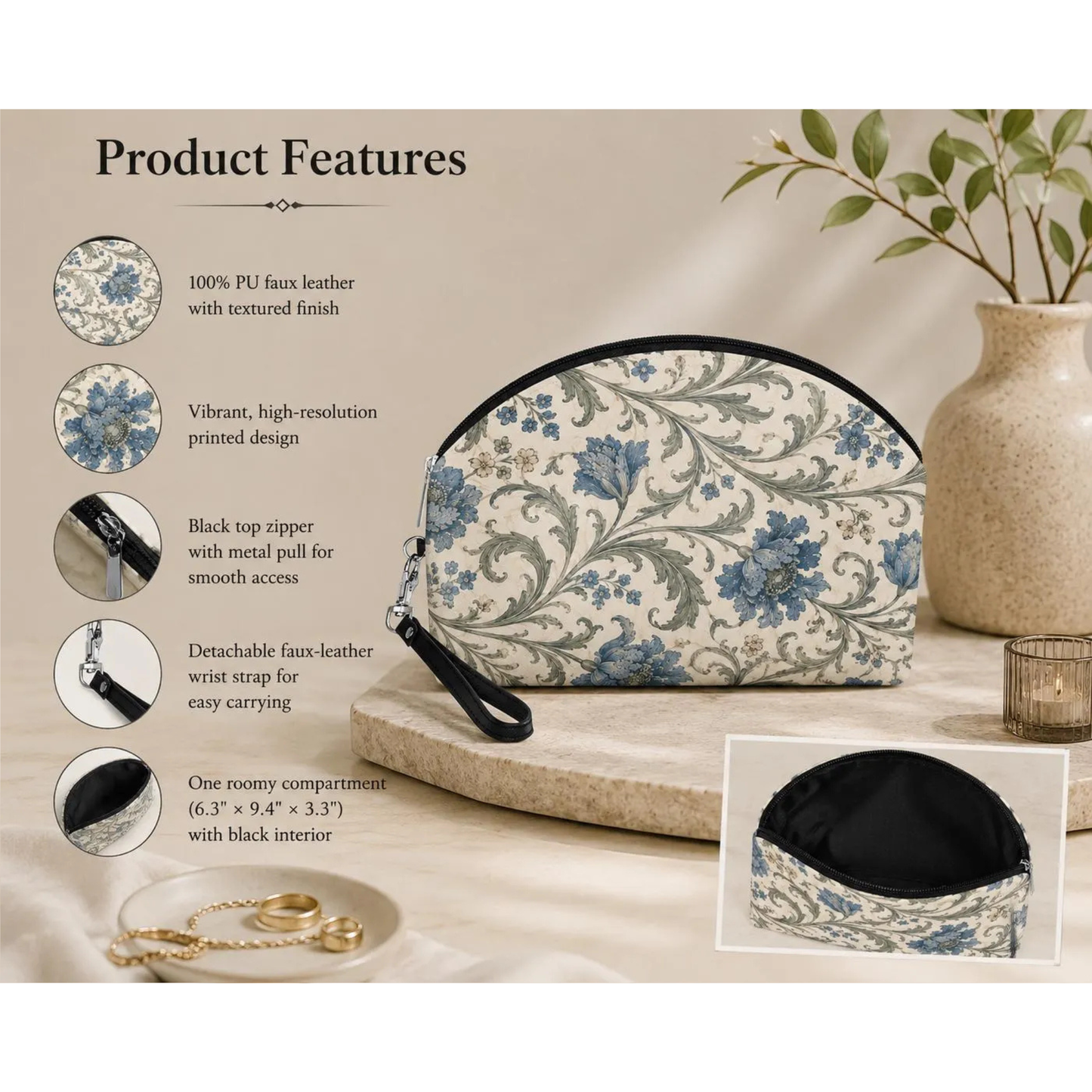 William Morris Floral Blue Makeup Cosmetic Bag