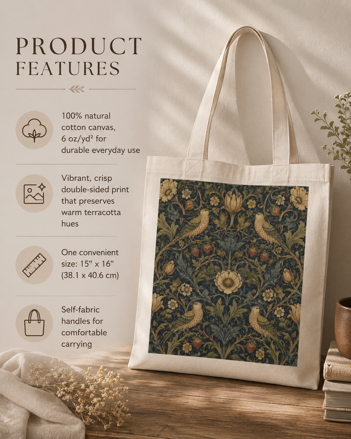 100% Cotton William Morris Vintage Tote Bag