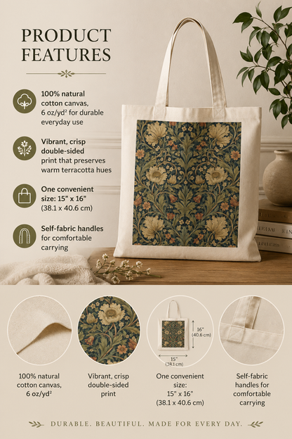 100% Cotton William Morris Vintage Botanical Tote Bag