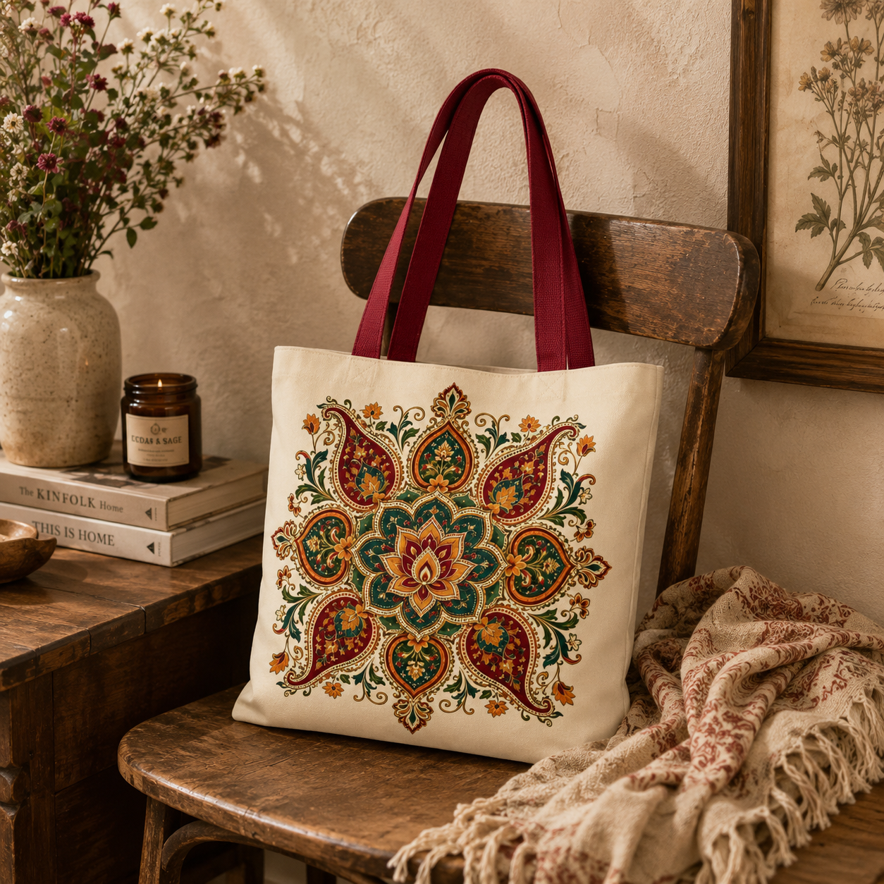 Indian Vintage Floral Mandala Full Art Tote Bag