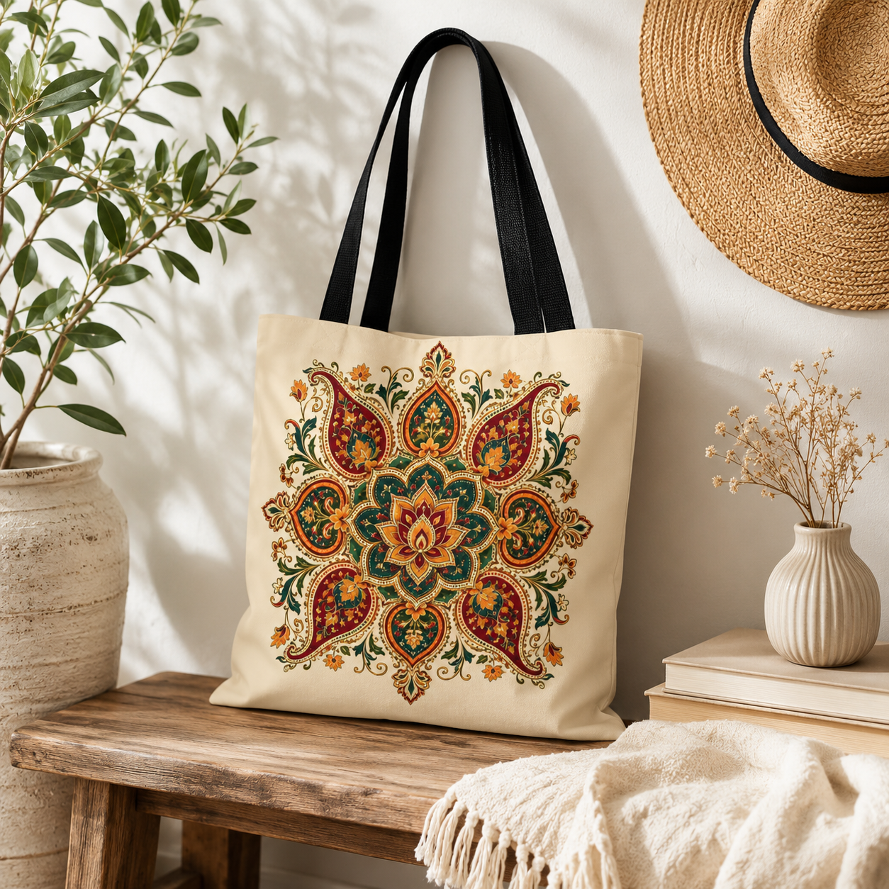Indian Vintage Floral Mandala Full Art Tote Bag