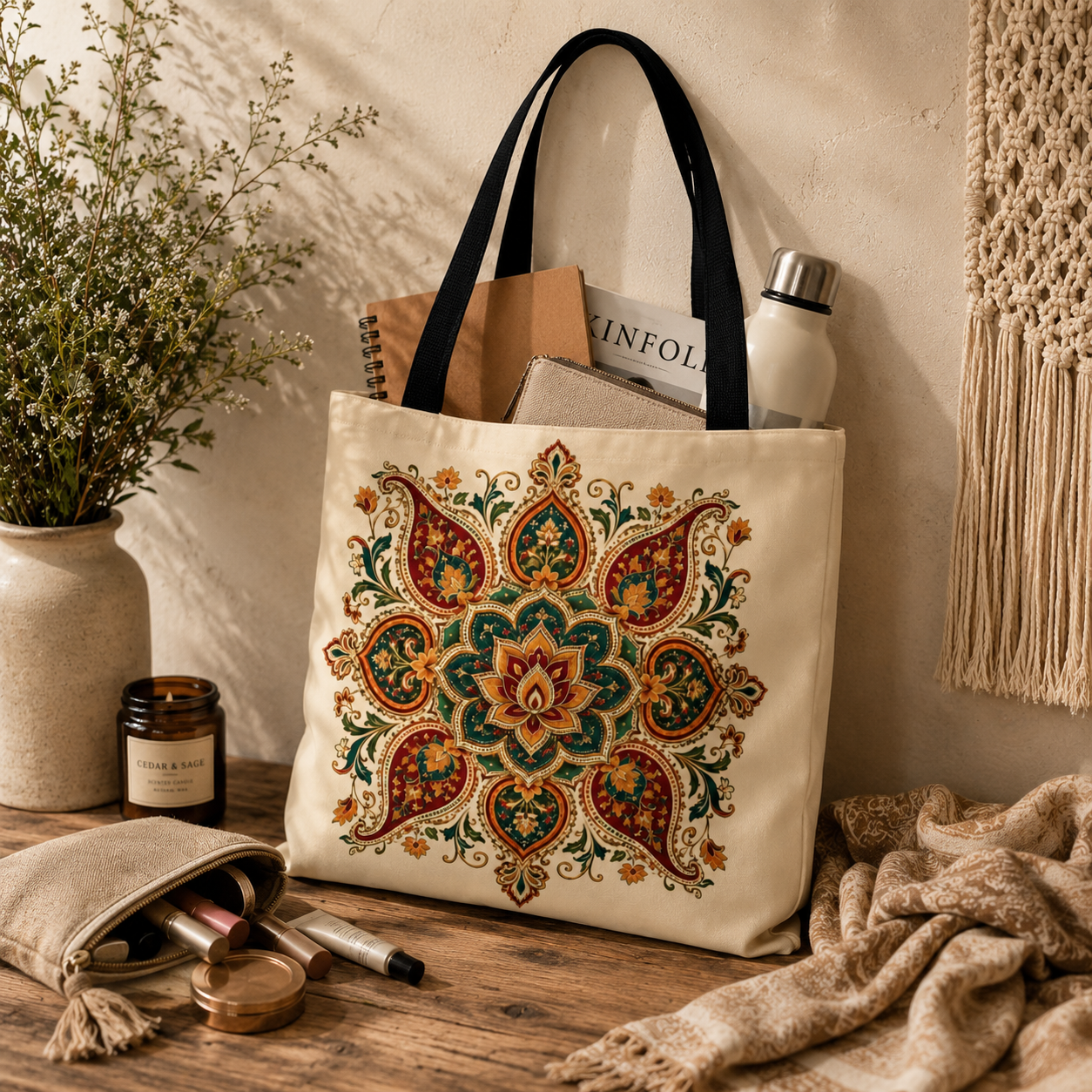 Indian Vintage Floral Mandala Full Art Tote Bag