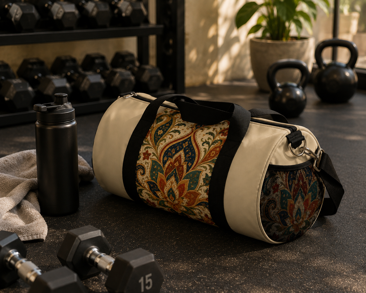 Indian Vintage Floral Paisley Beige Duffel Gym Bag