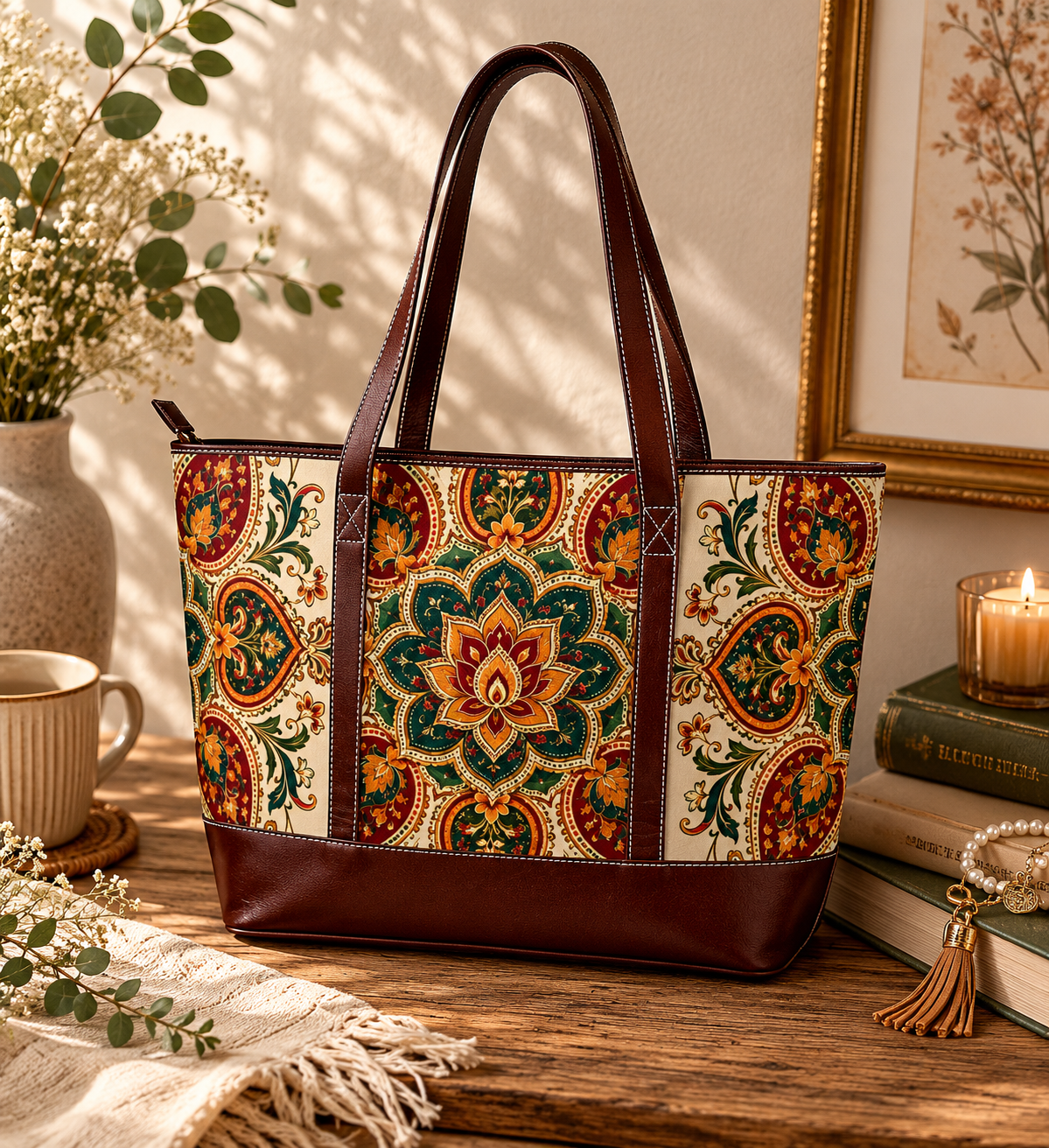 Indian Vintage Floral Mandala Leather Trim Shoulder Tote Bag