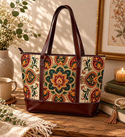 Indian Vintage Floral Mandala Leather Trim Shoulder Tote Bag