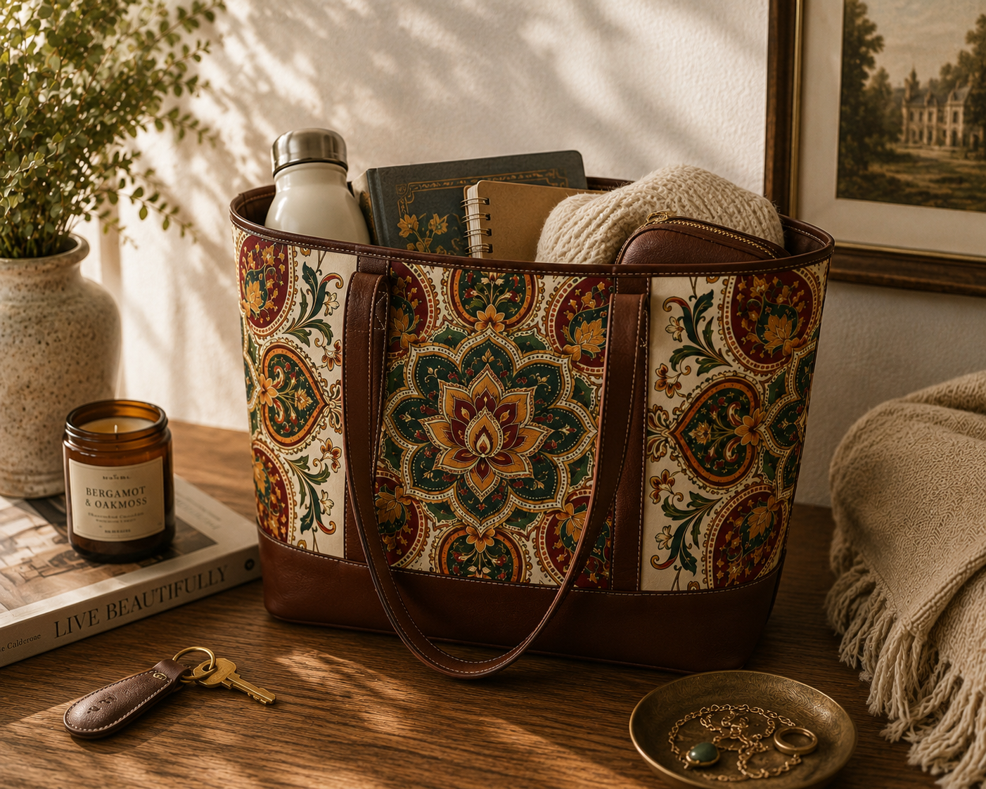Indian Vintage Floral Mandala Leather Trim Shoulder Tote Bag