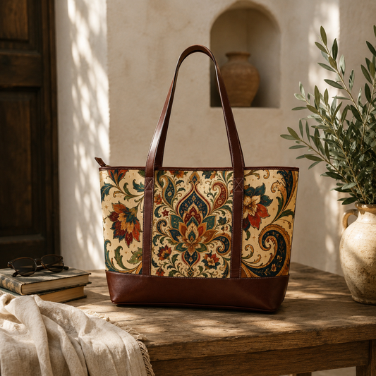 Indian Vintage Floral Paisley Leather Trim Shoulder Tote Bag