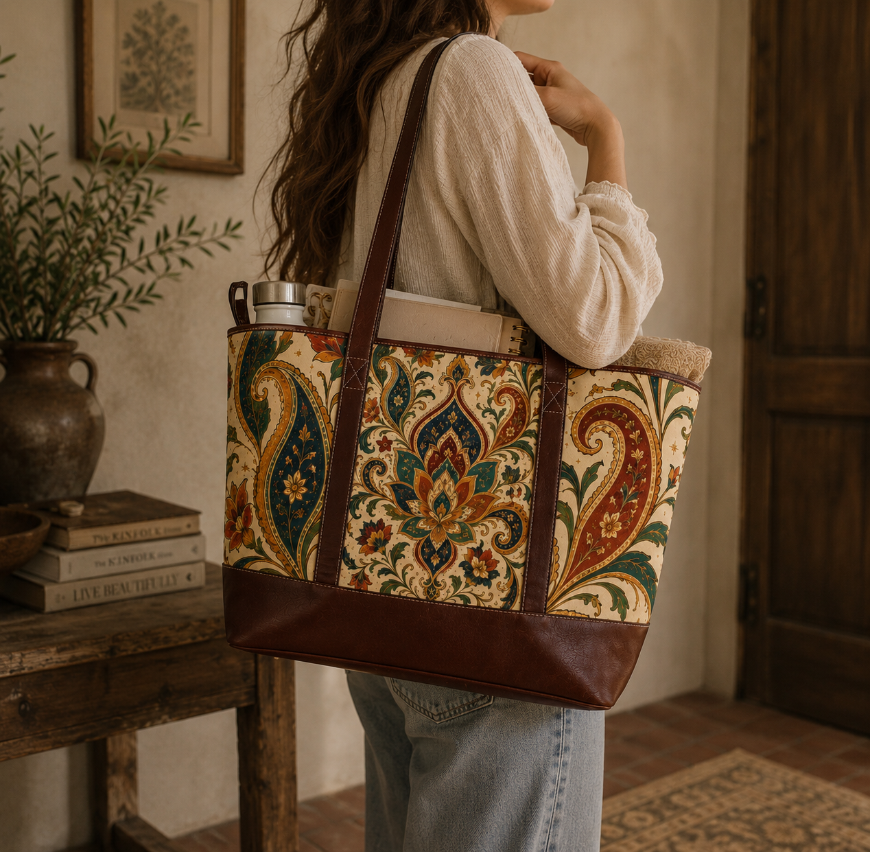 Indian Vintage Floral Paisley Leather Trim Shoulder Tote Bag