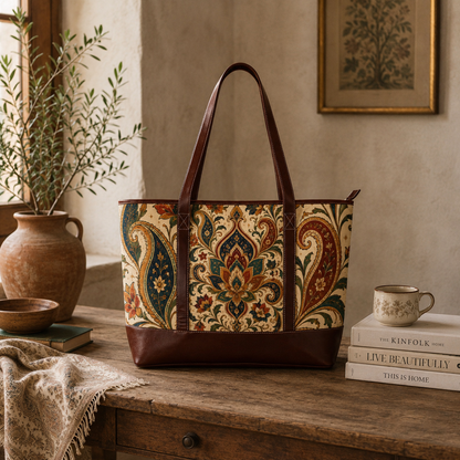 Indian Vintage Floral Paisley Leather Trim Shoulder Tote Bag