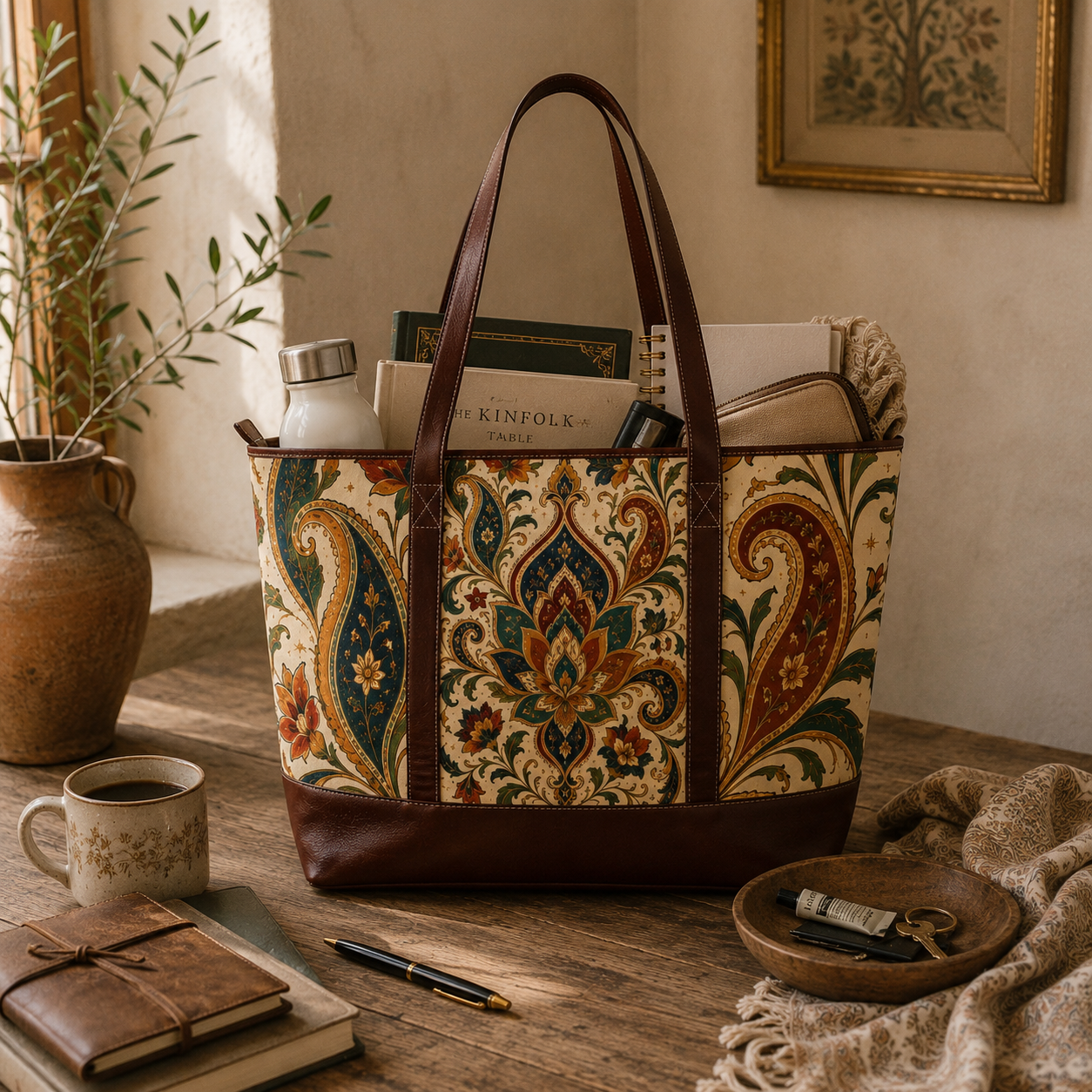 Indian Vintage Floral Paisley Leather Trim Shoulder Tote Bag