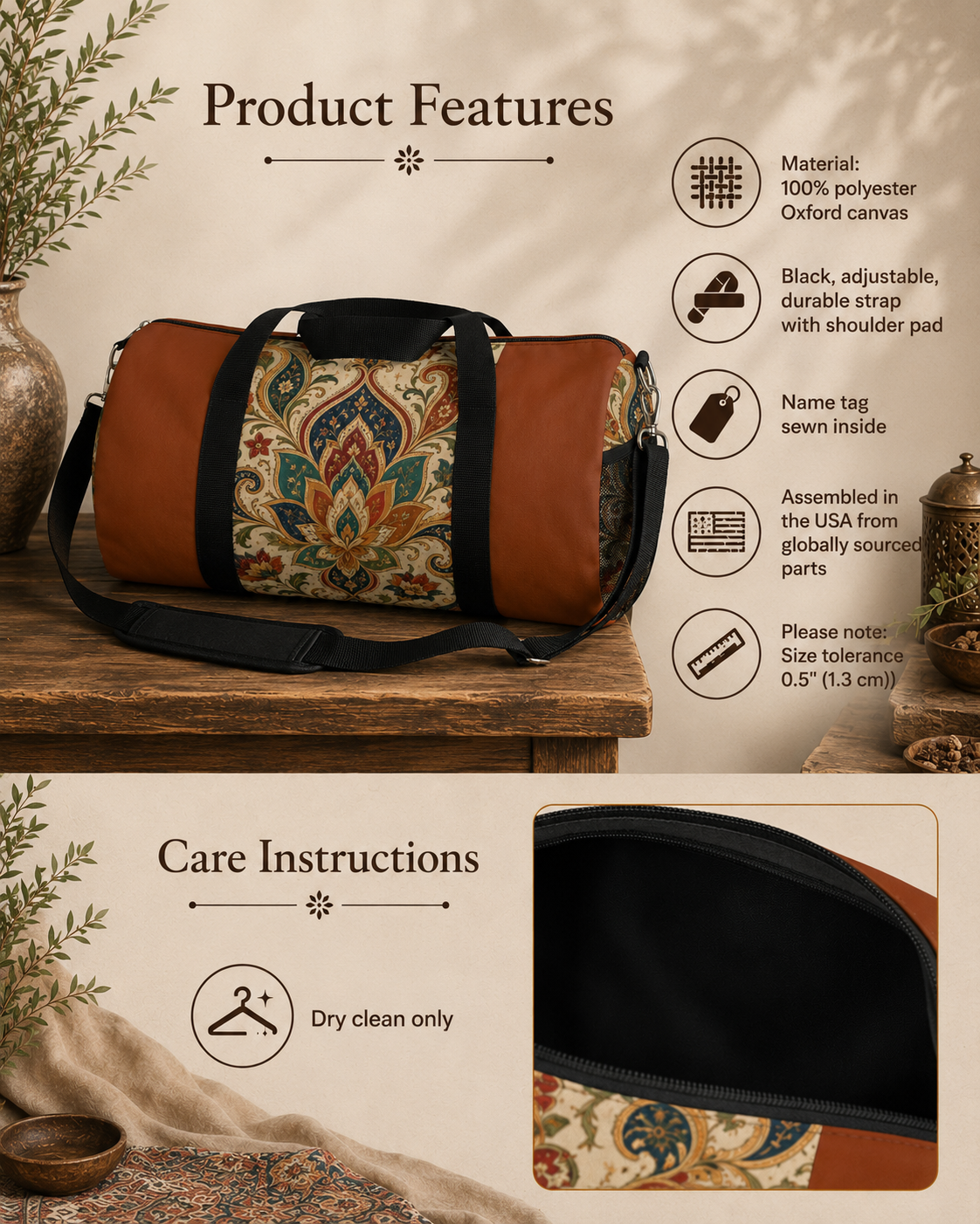 Indian Vintage Terracotta Floral Duffel Gym Bag