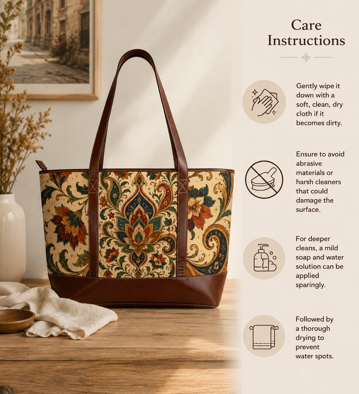 Indian Vintage Floral Paisley Leather Trim Shoulder Tote Bag