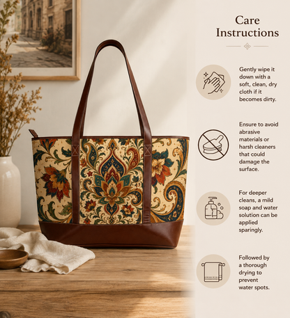 Indian Vintage Floral Paisley Leather Trim Shoulder Tote Bag