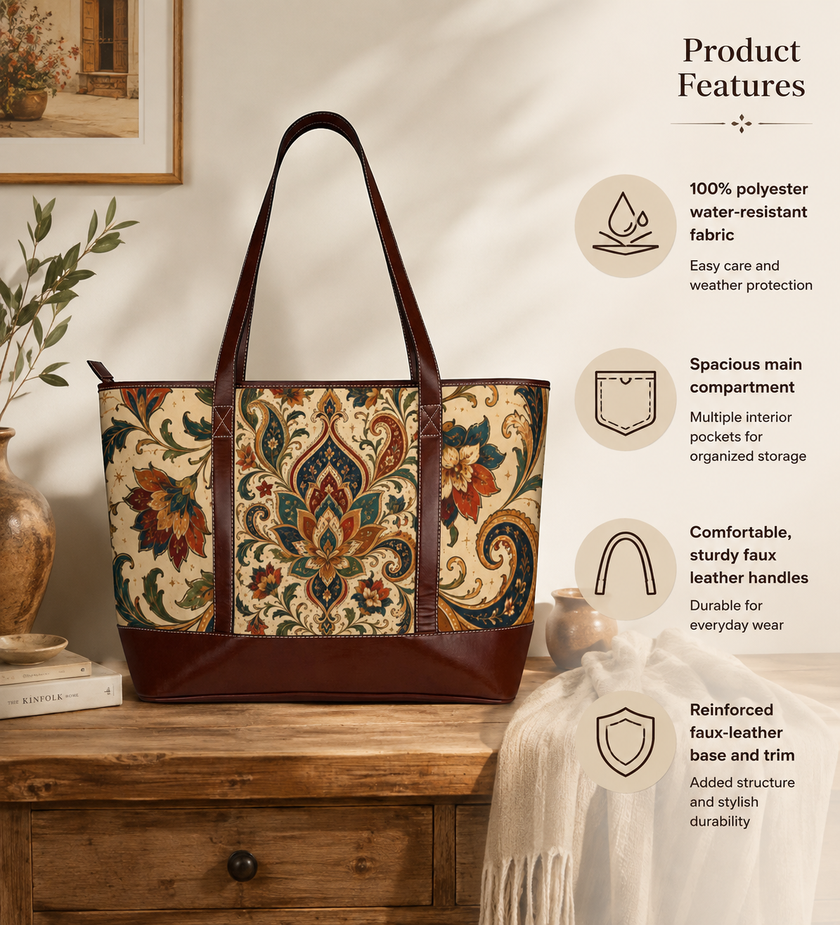 Indian Vintage Floral Paisley Leather Trim Shoulder Tote Bag