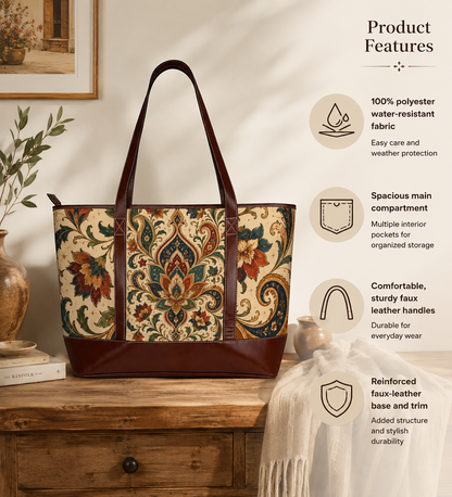 Indian Vintage Floral Paisley Leather Trim Shoulder Tote Bag