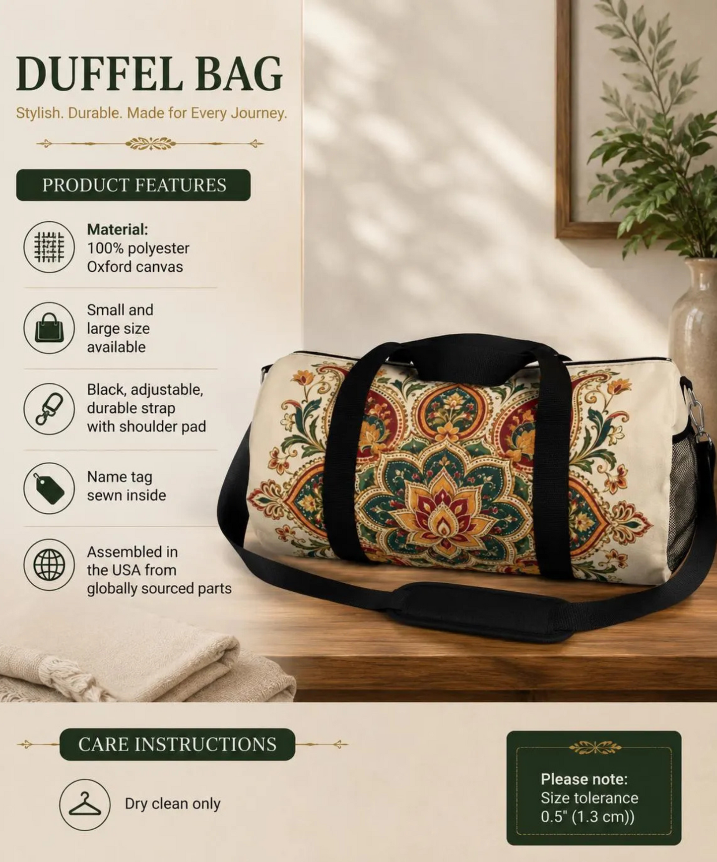 Indian Vintage Floral Mandala Duffel Gym Bag