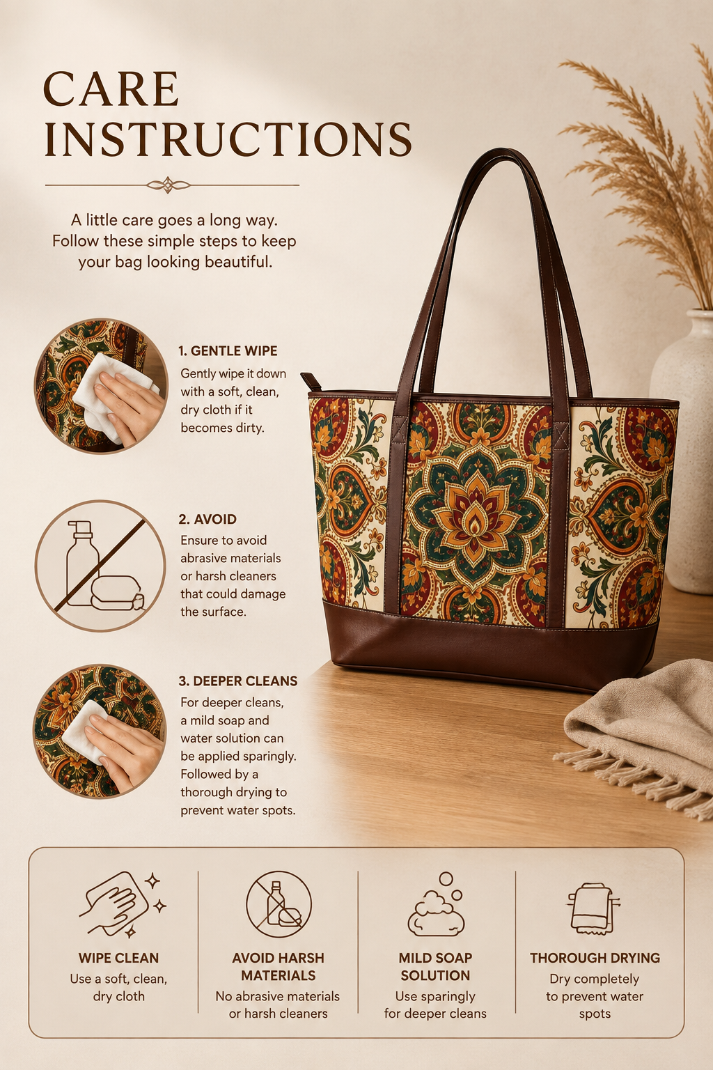Indian Vintage Floral Mandala Leather Trim Shoulder Tote Bag