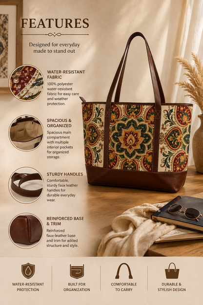 Indian Vintage Floral Mandala Leather Trim Shoulder Tote Bag