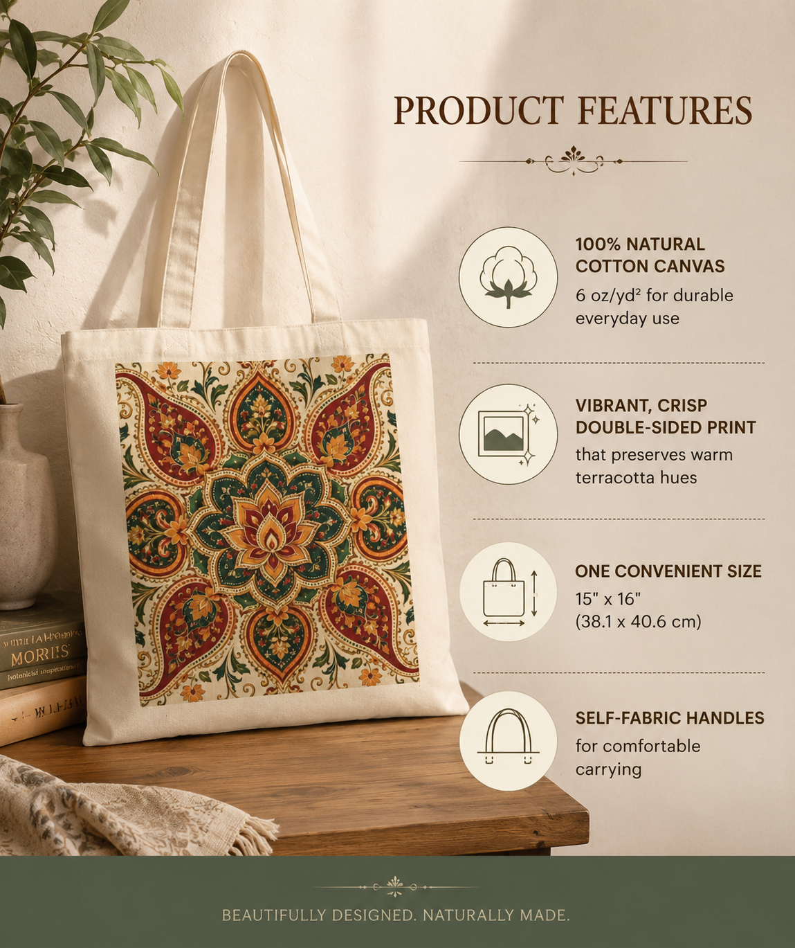 100% Cotton Indian Vintage Floral Mandala Tote Bag