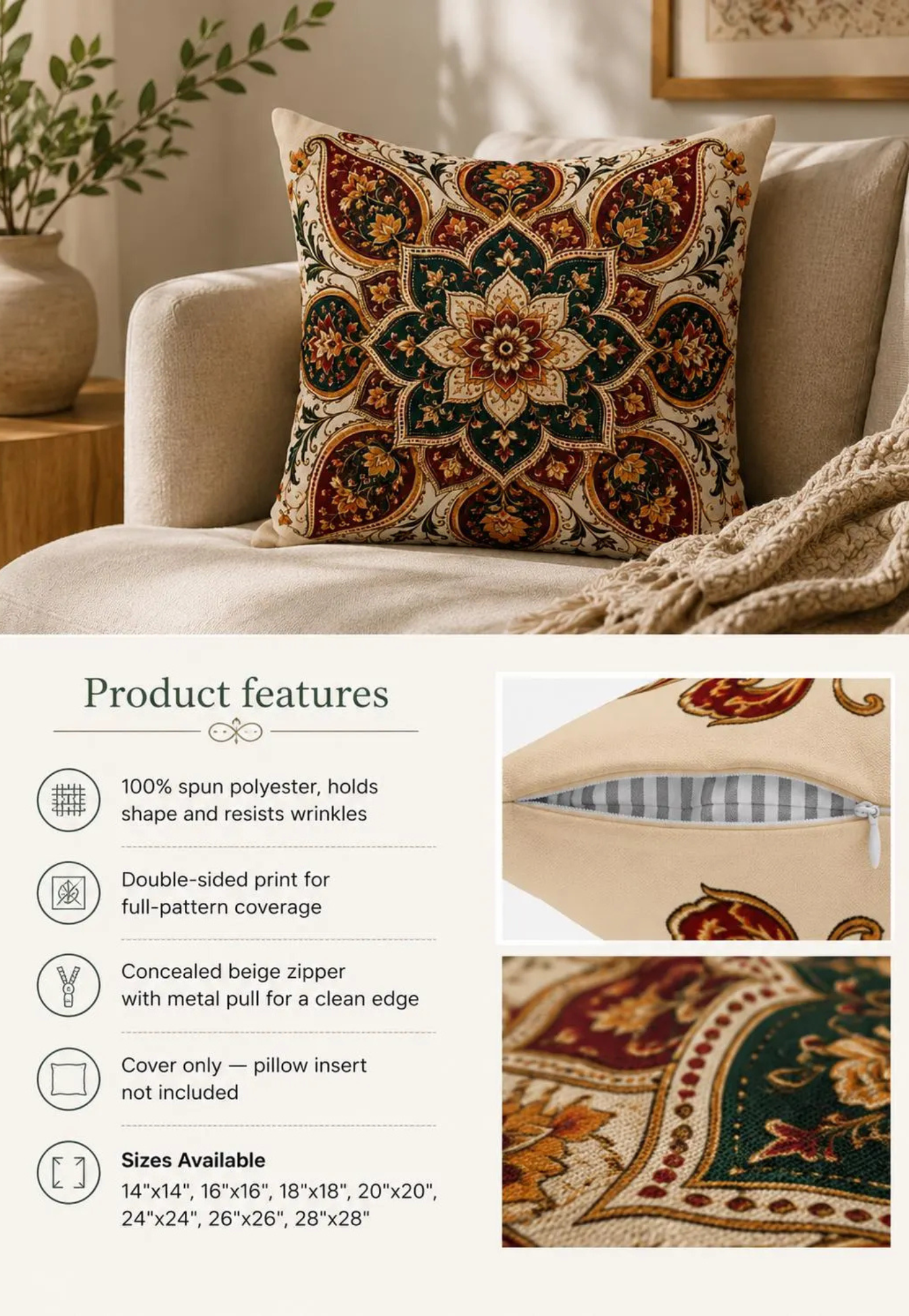 Indian Vintage Floral Mandala Bohemian Pillow Case cover