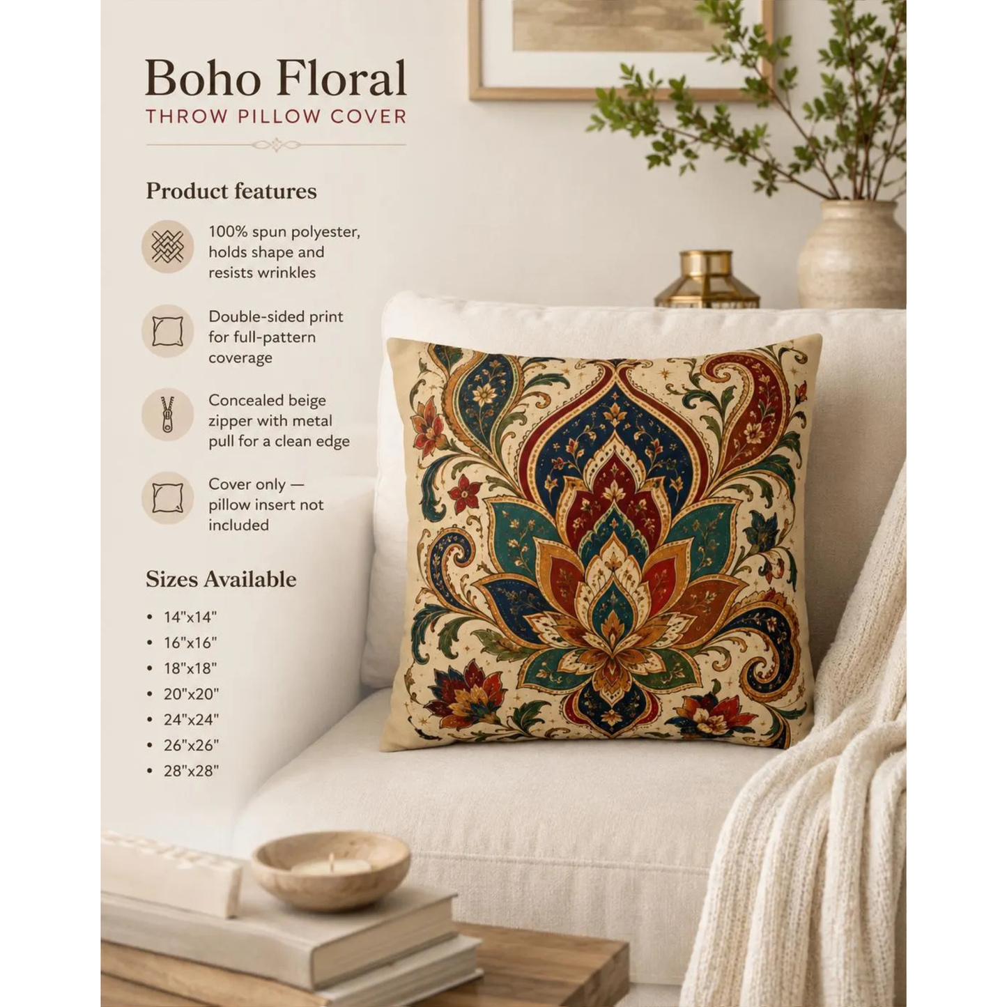Indian Vintage Paisley Floral Throw Pillow Case Cover