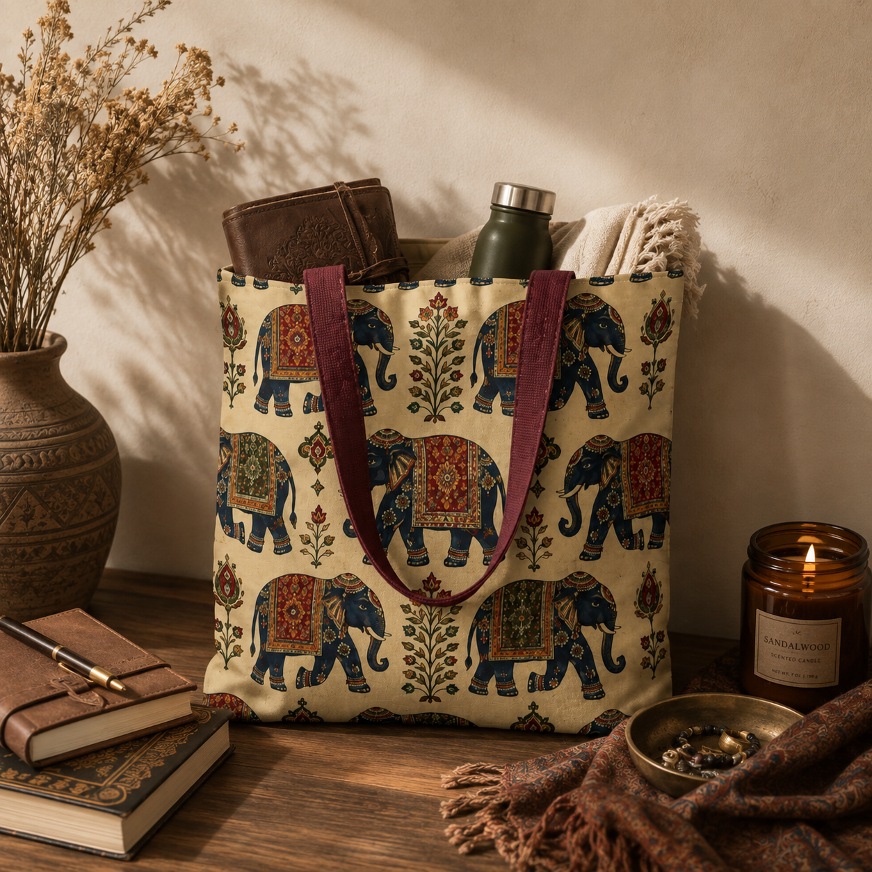 Indian Vintage Traditional Elephant Tapestry Full Art Tote Bag