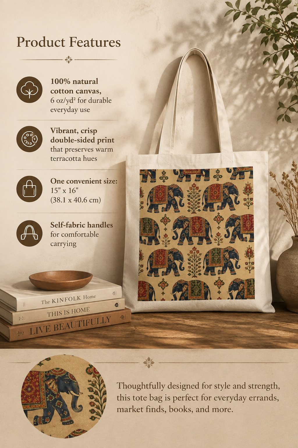 100% Cotton Indian Vintage Traditional Elephant Tapestry Tote Bag