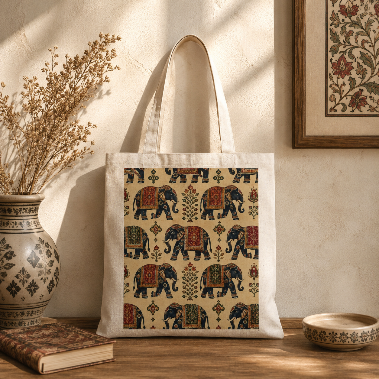 100% Cotton Indian Vintage Traditional Elephant Tapestry Tote Bag