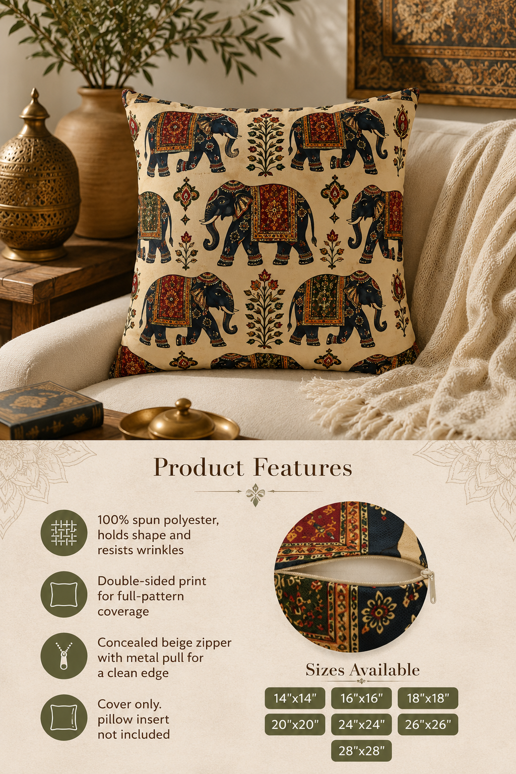 Indian Vintage Traditional Elephant Tapestry Pillow Case Cover