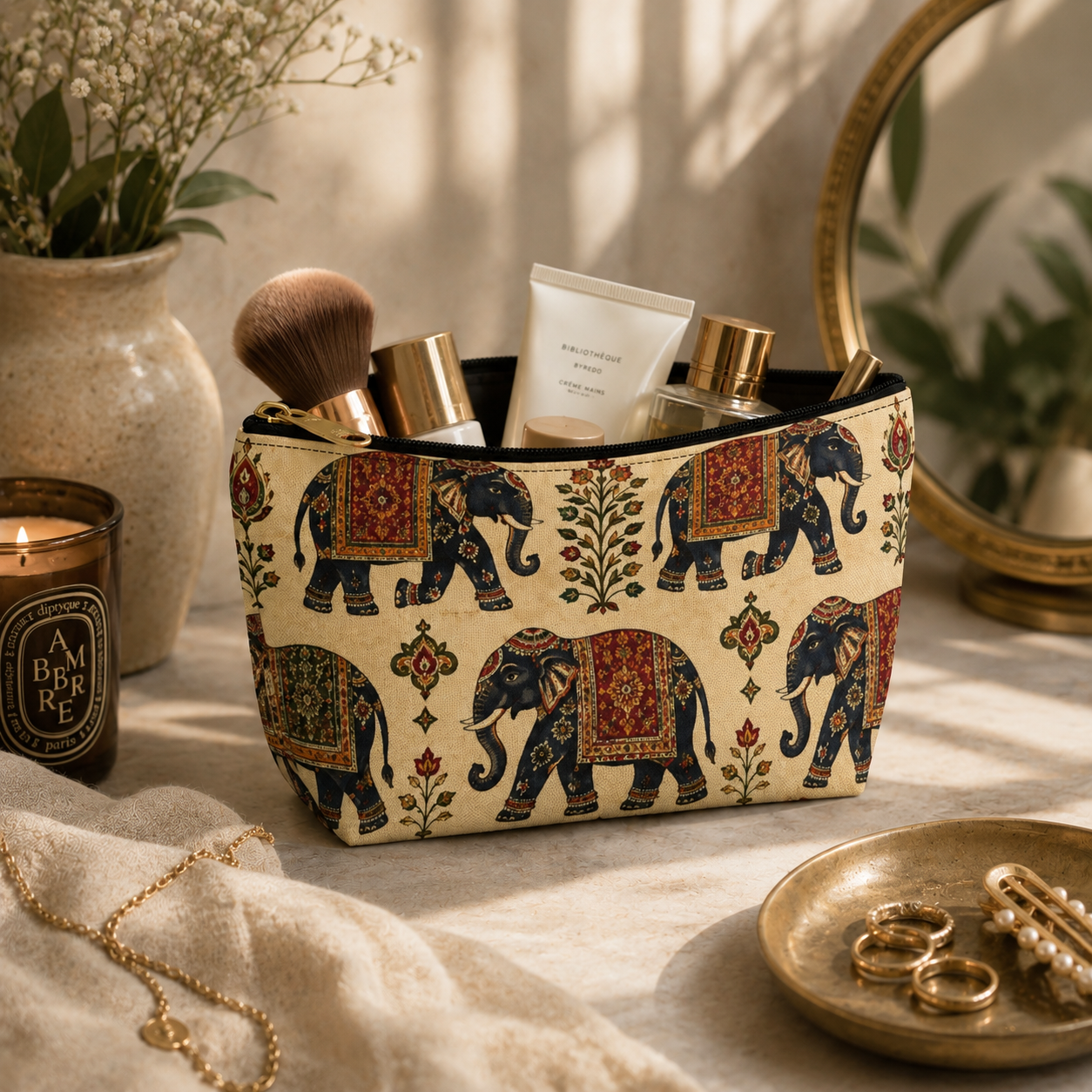Indian Vintage Traditional Elephant Tapestry Makeup Accessory Pouch