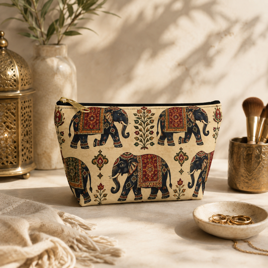 Indian Vintage Traditional Elephant Tapestry Makeup Accessory Pouch